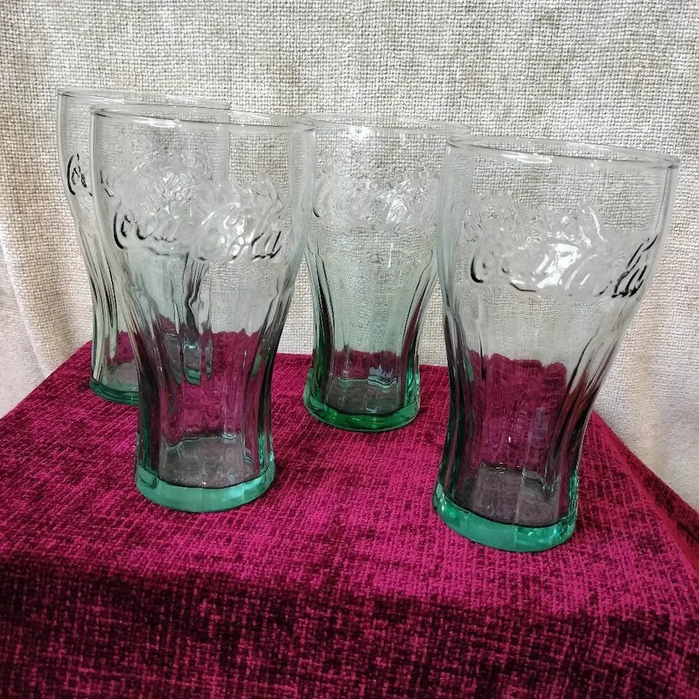 Vintage Coca Cola Green Tinted Bell Shaped Pint Glasses 12oz Set of 4